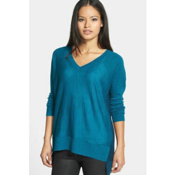 EILEEN FISHER Arctic Green Blue Royal Alpaca Colorblock High Low Sweater - Picture 1 of 4